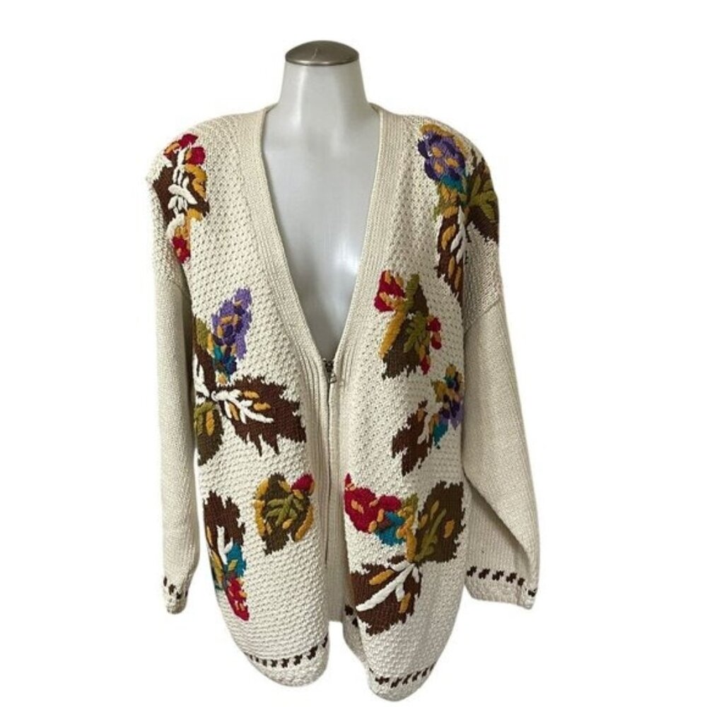 Vintage SK Wear Floral Knit Cardigan Sweater 2X Beige With Zipper